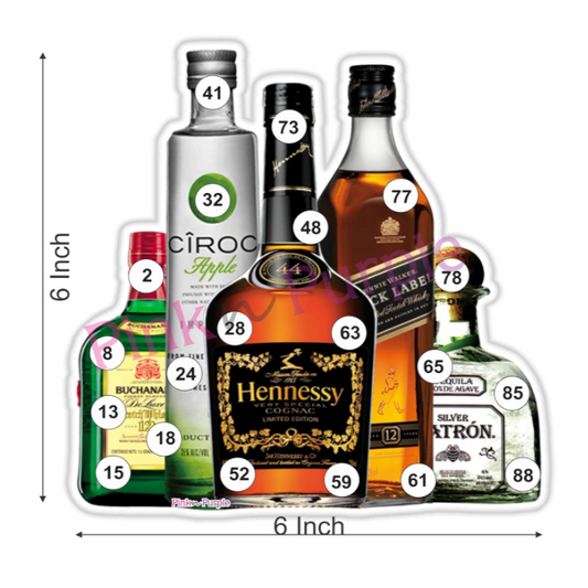 Close-up of cocktail themed tambola ticket with bottle design and clear numbers
