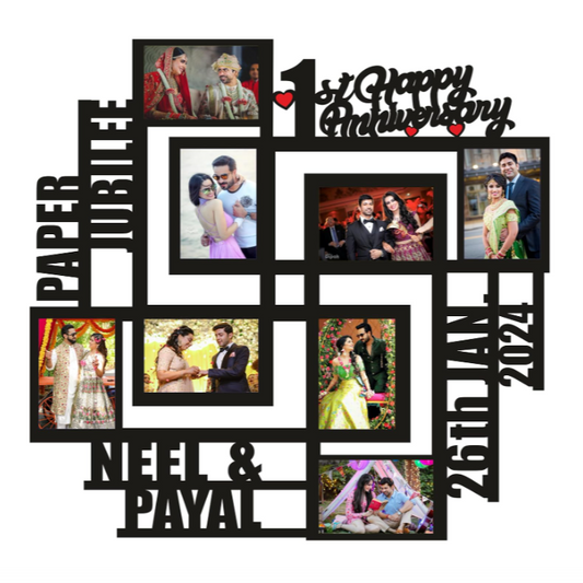 1st Anniversary Personalised MDF Photo Frame displayed on wall – Paper Jubilee Couple Gift