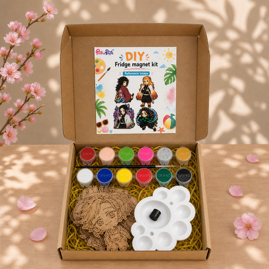 DIY Demon Slayer Fridge Magnets Kit Version 5 Open Box showing MDF Cutouts Watercolours Brush and Mixing Palette inside