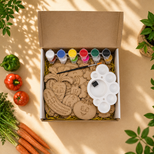Top View of DIY Veggie Characters Fridge Magnet Kit showing all 9 MDF Vegetable Cutouts Paints Brush and Palette