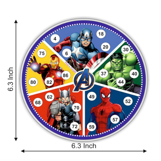 Close-up of circular Avengers Tambola Ticket showing Iron Man Captain America and Thor design
