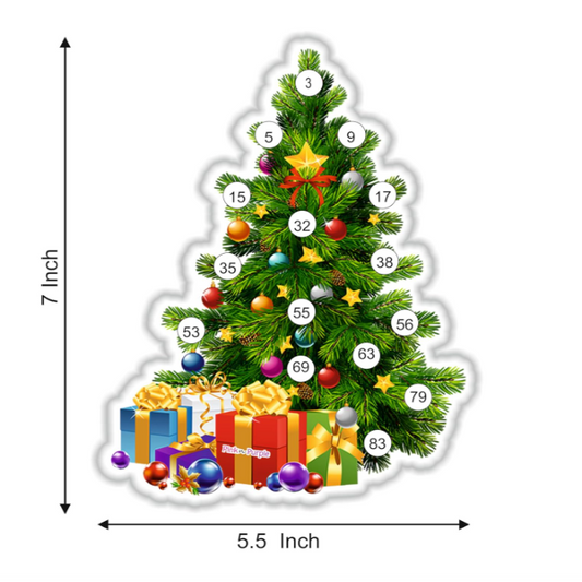 Close-up of die-cut Christmas Tree shaped Tambola Ticket with festive ornaments and baubles