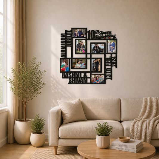 10th Anniversary Aluminium Jubilee Personalised MDF Photo Frame displayed on wall as couple gift
