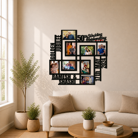 50th Anniversary Golden Jubilee Personalised MDF Photo Frame displayed on wall as family gift
