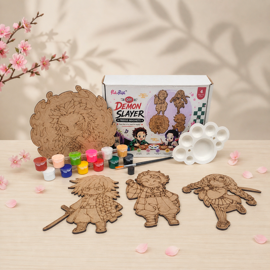 DIY Demon Slayer Fridge Magnets Kit – Set of 4 MDF Anime Character Cutouts with Paints Brush and Mixing Palette