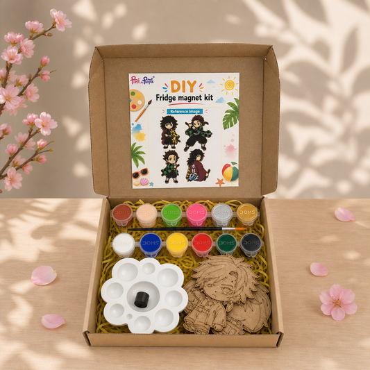 DIY Demon Slayer Fridge Magnets Kit Version 2 Open Box showing MDF Cutouts Watercolours Brush and Mixing Palette inside