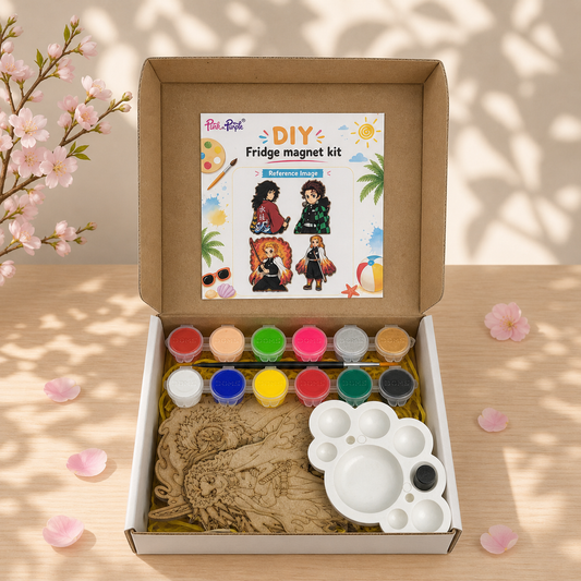 DIY Demon Slayer Fridge Magnets Kit Version 3 Open Box showing MDF Cutouts Watercolours Brush and Mixing Palette inside