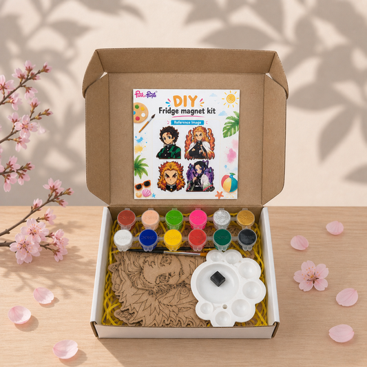 DIY Demon Slayer Fridge Magnets Kit Version 4 Open Box showing MDF Cutouts Watercolours Brush and Mixing Palette inside