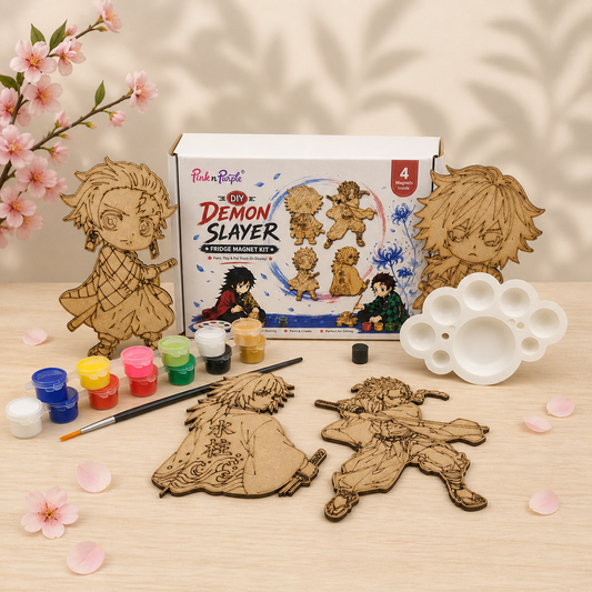 DIY Demon Slayer Fridge Magnets Kit Version 2 – Set of 4 MDF Anime Character Cutouts with Paints Brush and Mixing Palette