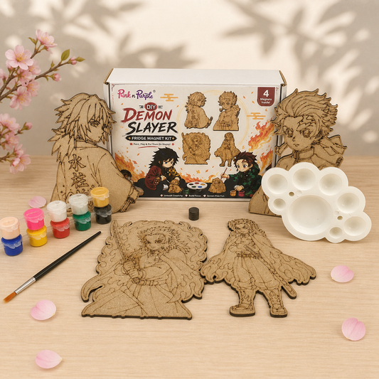 DIY Demon Slayer Fridge Magnets Kit Version 3 – Set of 4 MDF Anime Character Cutouts with Paints Brush and Mixing Palette