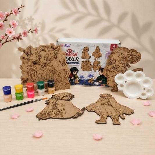 DIY Demon Slayer Fridge Magnets Kit Version 5 – Set of 4 MDF Anime Character Cutouts with Paints Brush and Mixing Palette