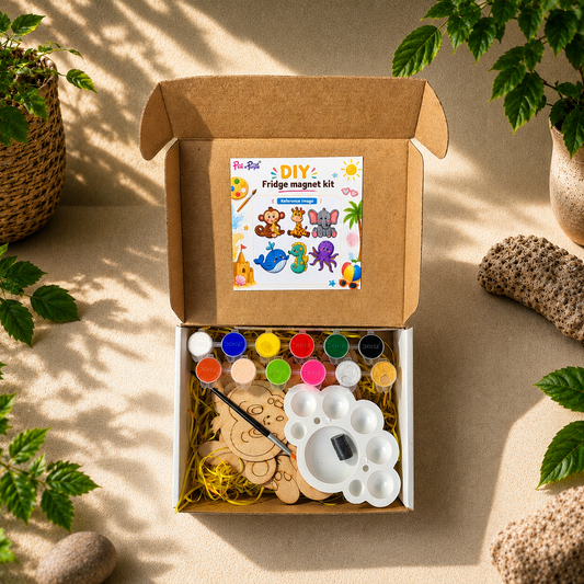 Top View of DIY Animal Kingdom Fridge Magnet Kit showing 6 MDF Animal Cutouts Paints Brush and Palette laid flat