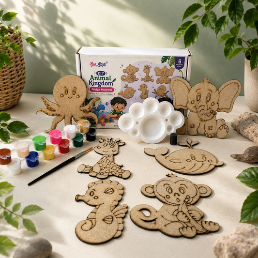DIY Fridge Magnet Kit for Kids Animal Kingdom – Set of 6 MDF Animal Cutouts with Paints Brush and Mixing Palette