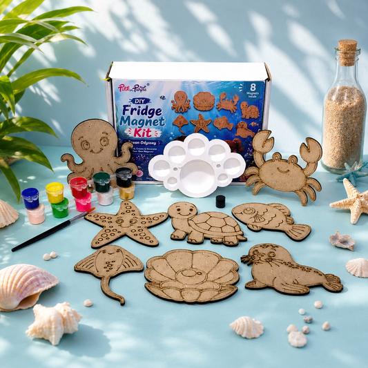DIY Fridge Magnet Kit for Kids Ocean Odyssey – Set of 8 Pre-marked MDF Aquatic Animal Cutouts with Paints Brush and Mixing Palette