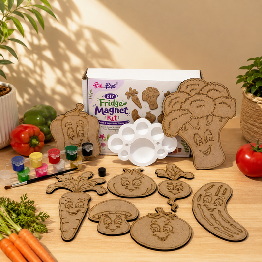 DIY Fridge Magnet Kit for Kids Veggie Characters – Set of 9 Pre-marked MDF Vegetable Cutouts with Paints Brush and Mixing Palette