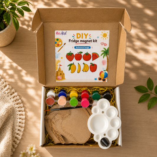 Top View of DIY Veggie Fun Fridge Magnet Kit for Kids showing all 8 MDF Fruit and Vegetable Cutouts Paints Brush and Palette