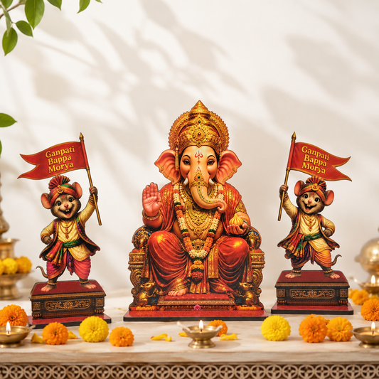 Close-up of Ganpati Morya Mandal MDF Set showing Lord Ganesha and colourful Moushak devotee figurines in festive attire