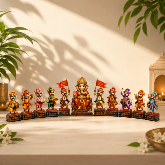 Ganpati Morya Mandal Set of 11 MDF Lord Ganesha and Moushak Figurines for Ganesh Chaturthi Home Decoration