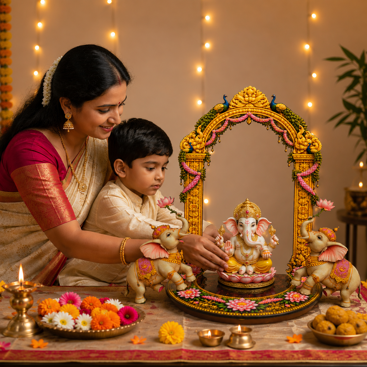 Ganpati Singhasan MDF Royal Throne displayed as Centrepiece in Ganesh Chaturthi Mandap Decoration with Flowers and Diyas