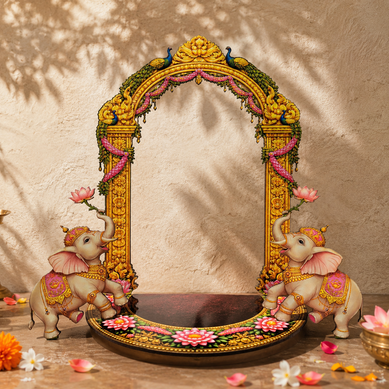 Ganpati Singhasan MDF Decoration – Royal Ganesh Throne with Elephant and Peacock Arch for Ganesh Chaturthi Mandap Decoration