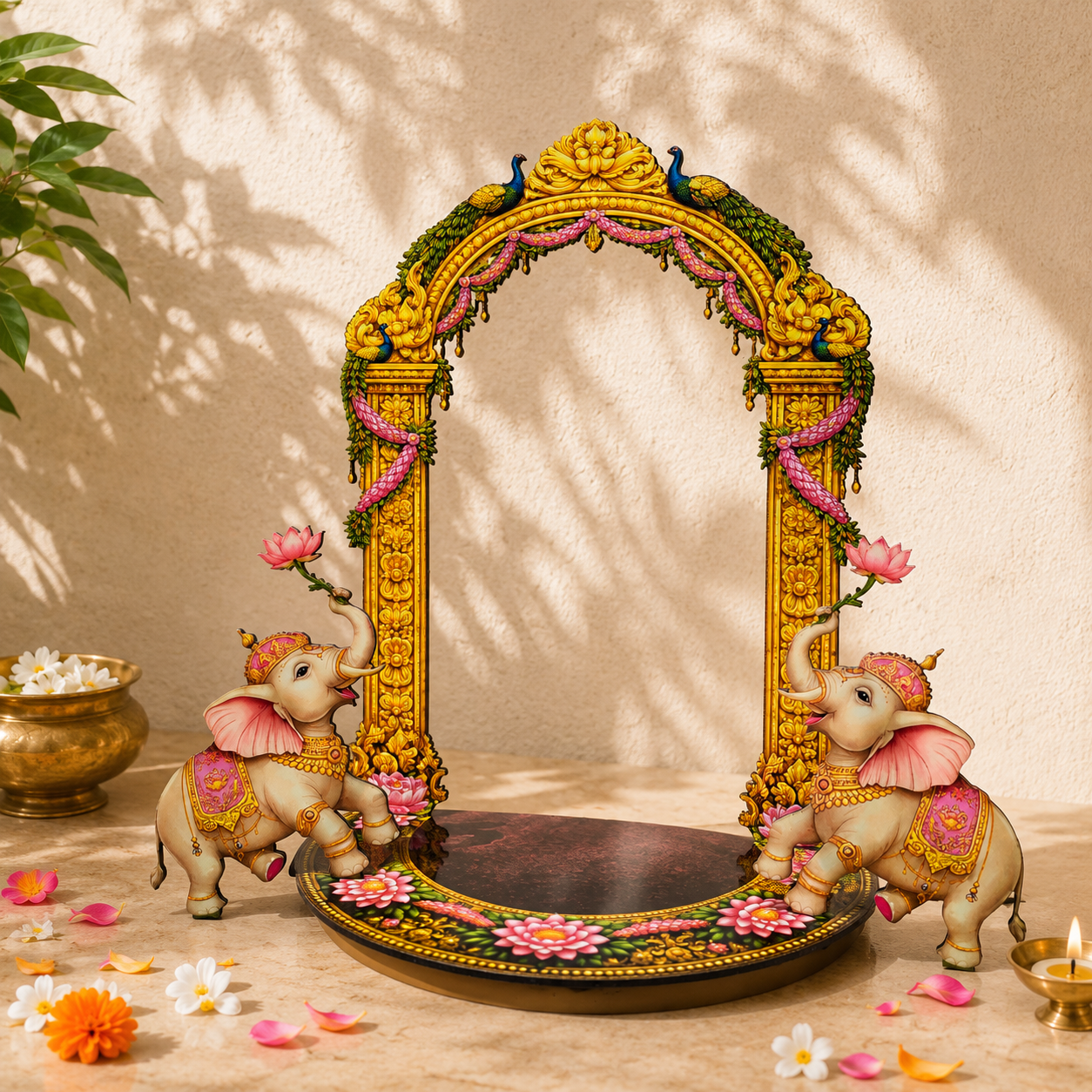 Side Angle View of Ganpati Singhasan MDF Decoration showing Full Royal Throne Structure with Lotus Base and Elephant Pillars