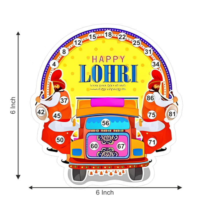 Close-up of die-cut arch shaped Lohri Tambola Ticket with bhangra dancers and truck art